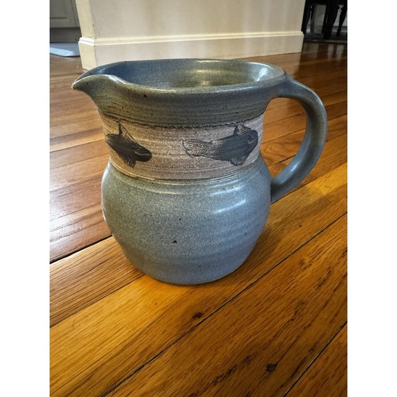 Vintage Blue Stoneware Pitcher Vase Fish Border Beach Coastal Signed Bottom‎